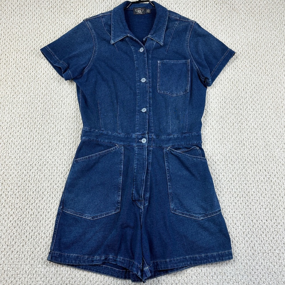 RRL Double RL Romper Womens Size 4 Dark Blue Denim Overall Linen Blend